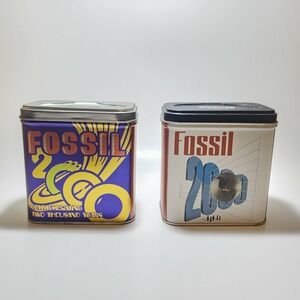 2 Fossil Empty Metal Watch Tins Storage Deco Y2K 2000s Collectable Box Logo 1999